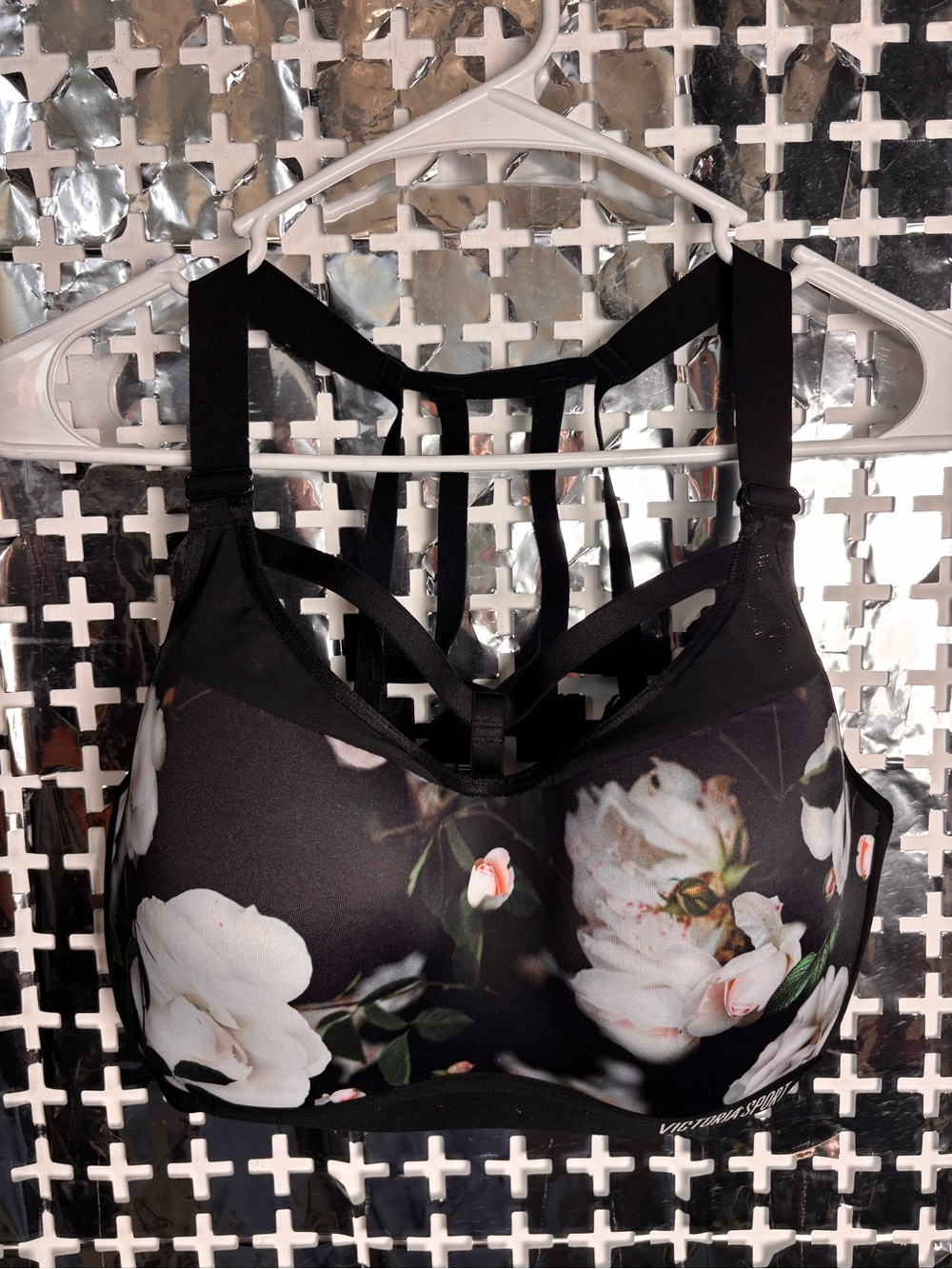 Victoria's Secret Black Floral Strappy Padded Sports Bra